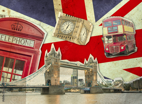 Collage of Big Ben, London Bus, Tower Bridge and Palace of Westminster