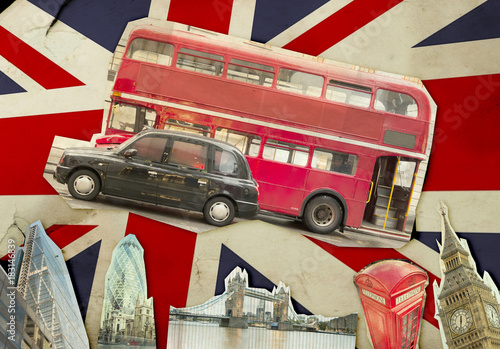 Canvas Print Collage of Big Ben, London Bus, Tower Bridge and The City of London