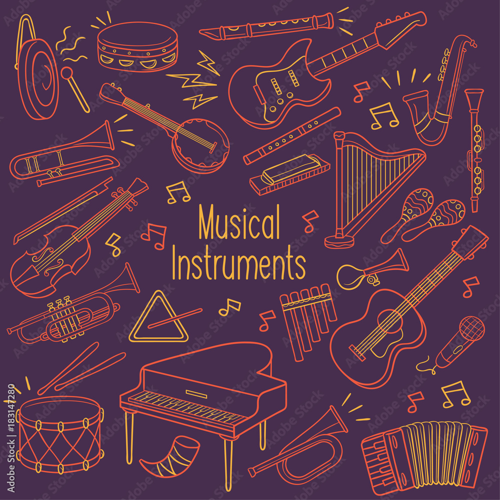 Fototapeta premium Doodle musical instruments in neon color