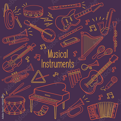 Doodle musical instruments in neon color