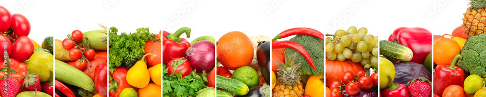 Collection fresh fruits and vegetables isolated on white background. Wide photo with free space for text.