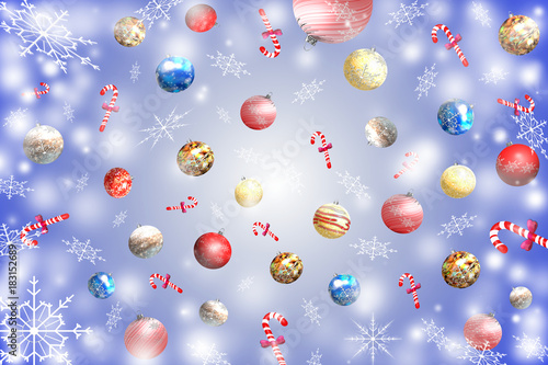 красивая иллюстрация новогоднего фона с елочными игрушкой и конфетой на цветном фоне 