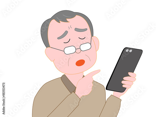 老眼鏡をかけてスマートフォンの操作をする高齢者の男性