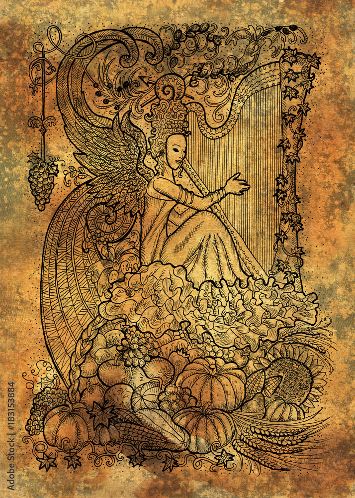September month graphic concept. Hand drawn engraved illustration on paper texture. Beautiful musician queen with arpa against the background of abundance horn with autumn harvest