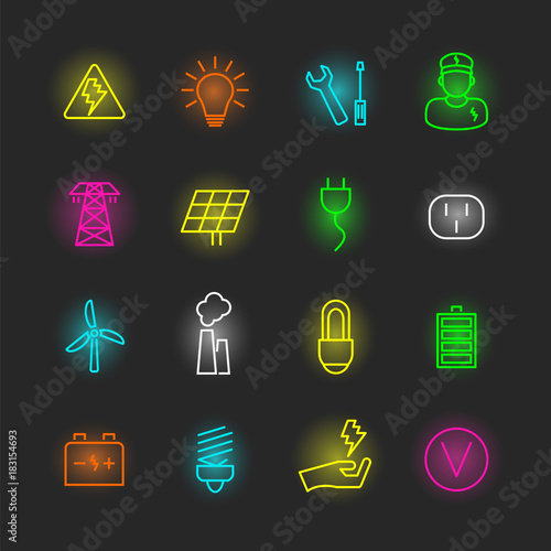 electricity neon icon set