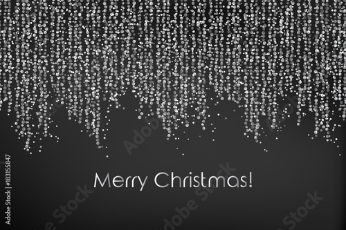 Merry Christmas illustration with falling down string lights, circle confetti, festoon, garland, tinsel ribbon, vertical spangels, sparkle dots on dark background.