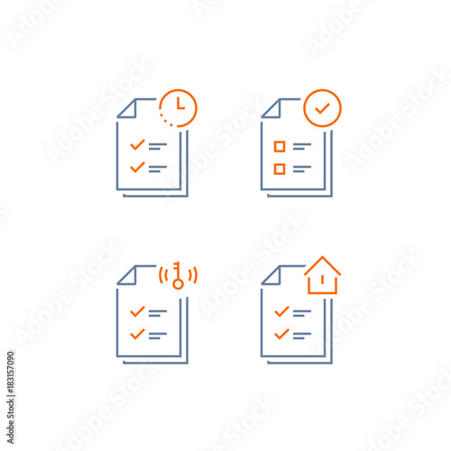 Rental contract, document terms and conditions, mortgage application form, loan approval checklist, home ownership