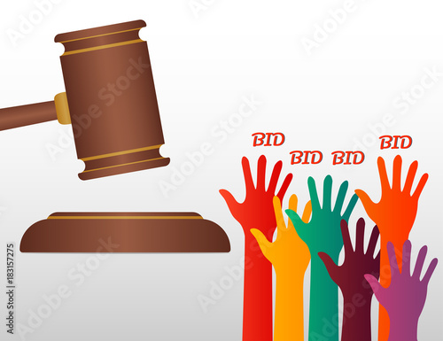 many hands holding and Wood Hammer. auction concept.