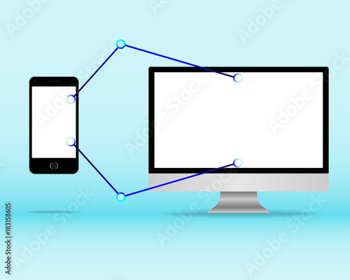 Modern flat screen computer monitor with blank white screen Connected to smartphone. data syncs concept. Vector illustration. photo