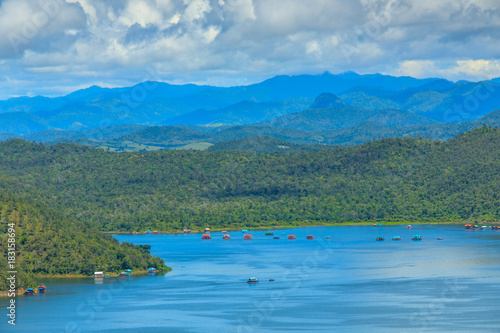 Beautiful viewpoint of the lake on Srinakarin dam, Kanchanaburi province,Thailand.