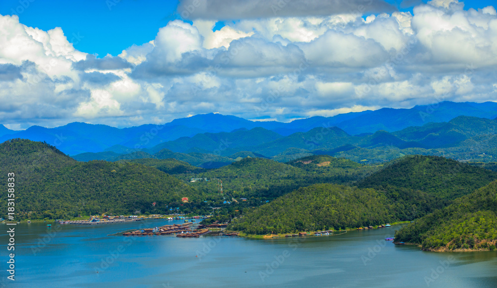 Beautiful viewpoint of the lake on Srinakarin dam, Kanchanaburi province,Thailand.