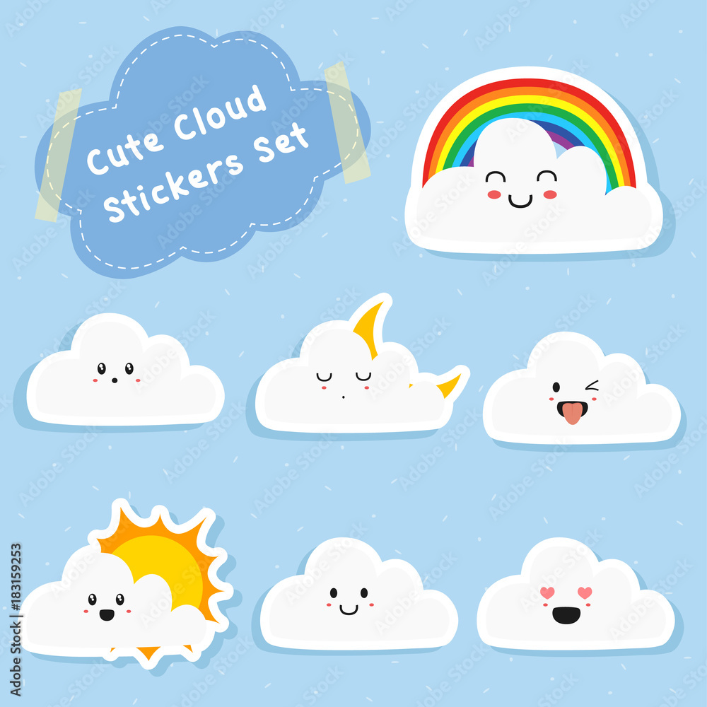 set of cute clouds stickers with different expression printable stickers set cartoon vector stock vector adobe stock