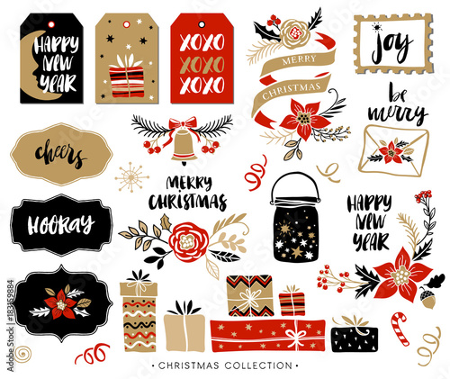Christmas hand drawn design elements with calligraphy. Handwritten modern brush lettering. Gift tags and gift boxes, Christmas bouquets and compositions.