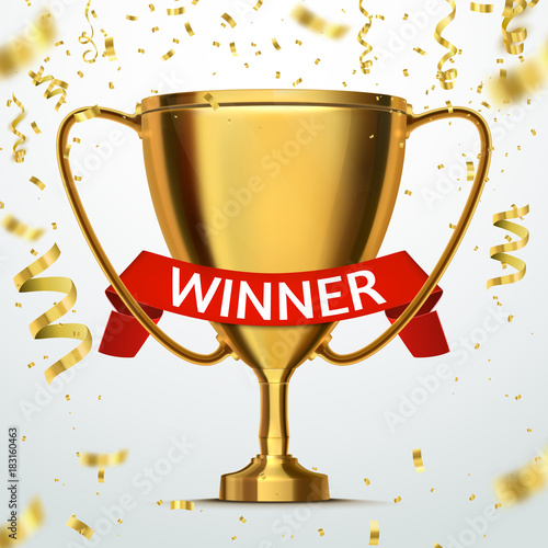 Winner concept. Trophy cup with golden confetti and red ribbon. Vector.