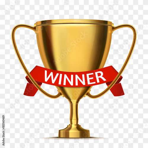 Winner concept. Trophy cup with red ribbon isolated. Vector