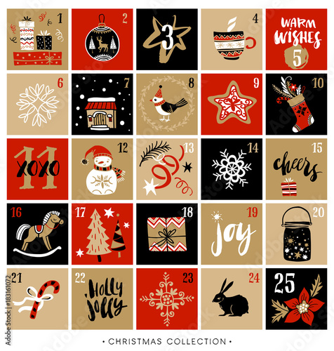 Christmas advent calendar. Hand drawn design elements and calligraphy. Handwritten modern brush lettering.