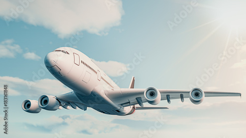 The plane fly in the sky. 3d rendering and illustration.