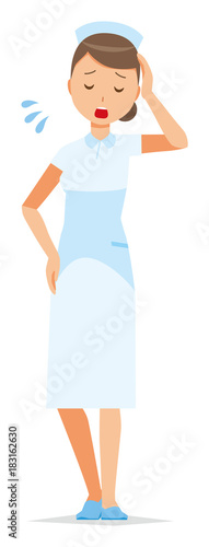 A woman nurse wearing a nurse hat and white coat is tired