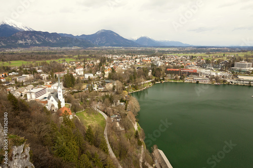 Slovenia - Bled - Aerial view of Bled resort  settlement and lake taken from Bled castle