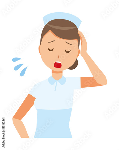 A woman nurse wearing a nurse hat and white coat is tired