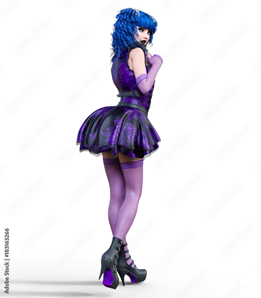 Young beautiful girl with doll face posing photo shoot. Short light purple dress, stockings, shoes. Long blue hair. Bright goth make up. Conceptual fashion art. Realistic 3D render illustration. Young beautiful girl with doll face posing photo shoot. Short light purple dress, stockings, shoes. Long blue hair. Bright goth make up. Conceptual fashion art. Realistic 3D render illustration.