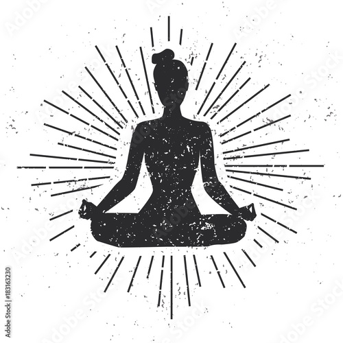 Vector illustration with female silhouette in meditating pose with scroll and sunburst on white background with grunge texture. Yoga concept print, poster, card and flyer design.