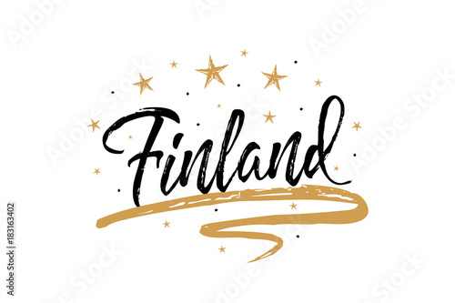 Finland. Name country word text card, banner script. Beautiful typography inscription greeting calligraphy poster black, gold ribbon, star. Handwritten design modern brush lettering isolated vector