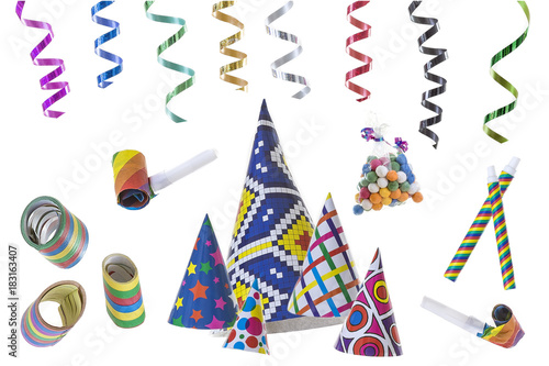 Fotografie festive image with rolls of curly ribbons hanging from top efts and multi party