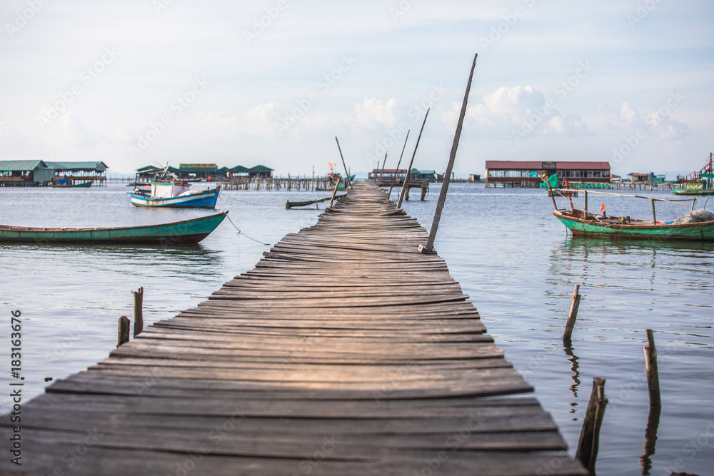 wooden old bridge to the sea Phu quoc