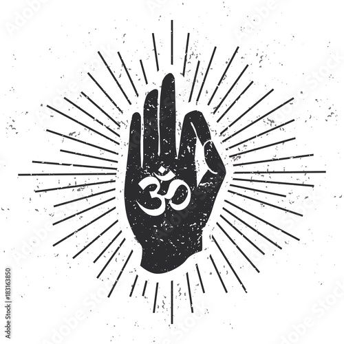 Vector illustration with hand in meditating pose with Om symbol scroll and sunburst on white background with grunge texture. Buddhism, hinduism and yoga concept for print, card, poster or flyer design