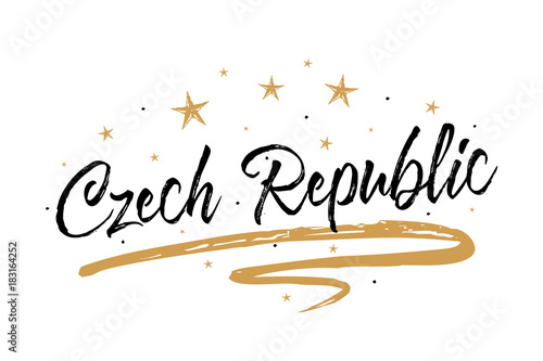 Gzech Republic. Name country word text card banner script. Beautiful typography inscription greeting calligraphy poster black gold ribbon star. Handwritten design modern lettering vector