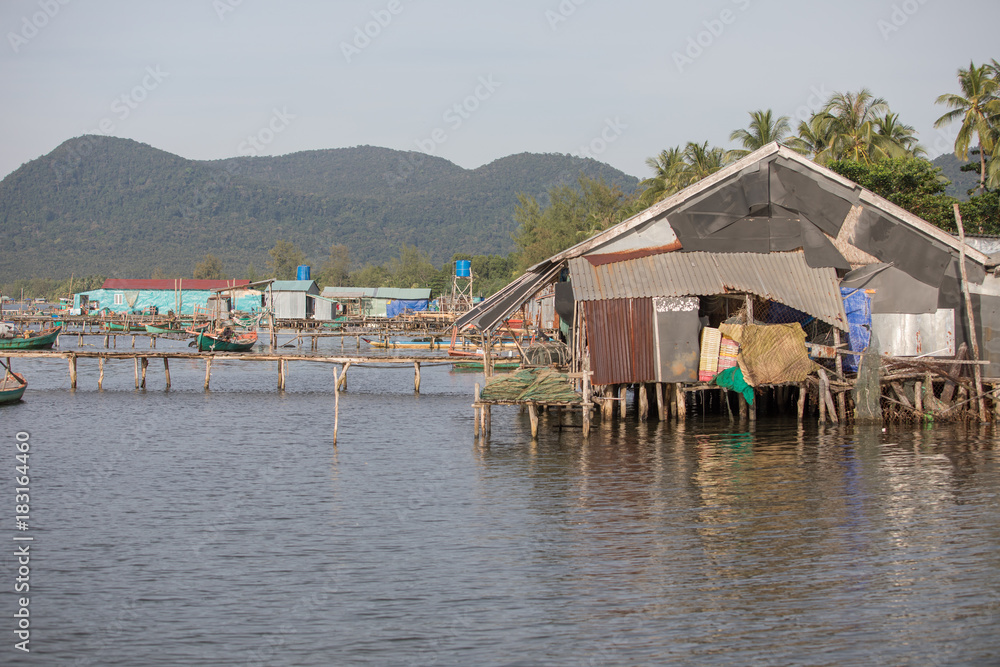 Fishermen houses build on the water,  Phu Quoc island