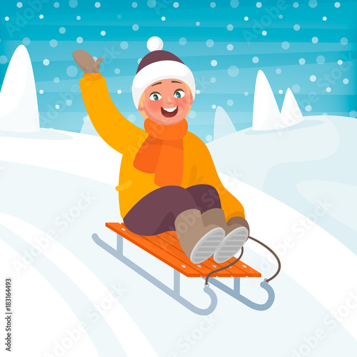 Boy is riding a sleigh from a hill. Children's winter fun. Vector illustration in cartoon style