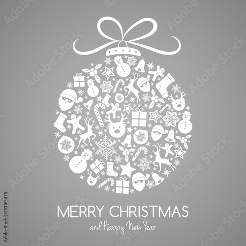 Christmas card with ball made of white cute icons on silver background. Vector.