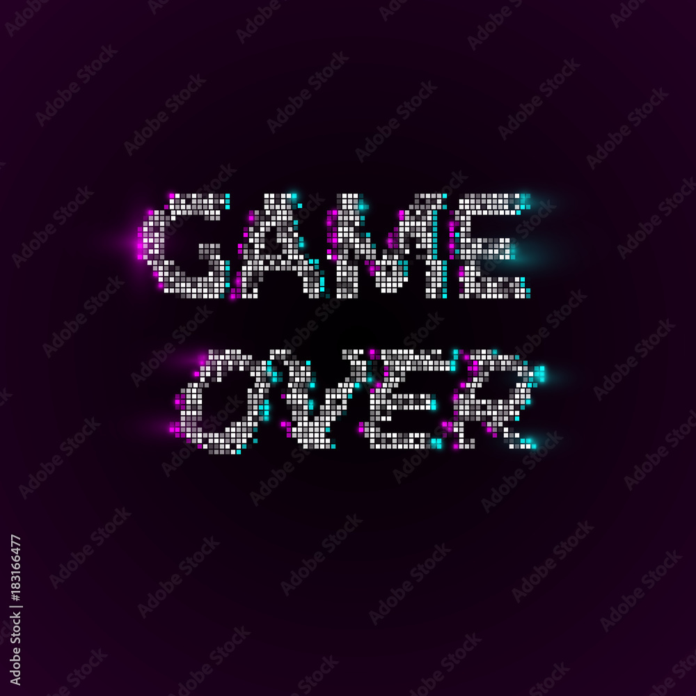 Vector game over phrase in pixel art style with glitch VHS effect.