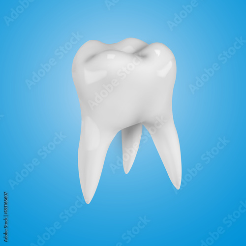 White realistic 3d  Tooth on a blue background.