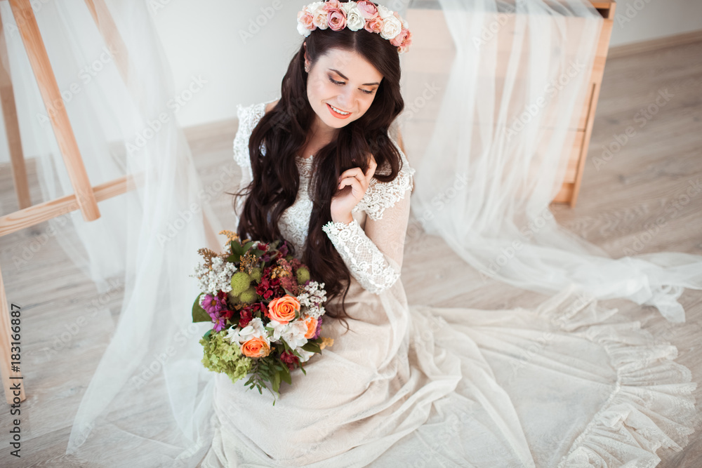 Beautiful bride with wedding bouquet on white background Beautiful bride with wedding bouquet on white background