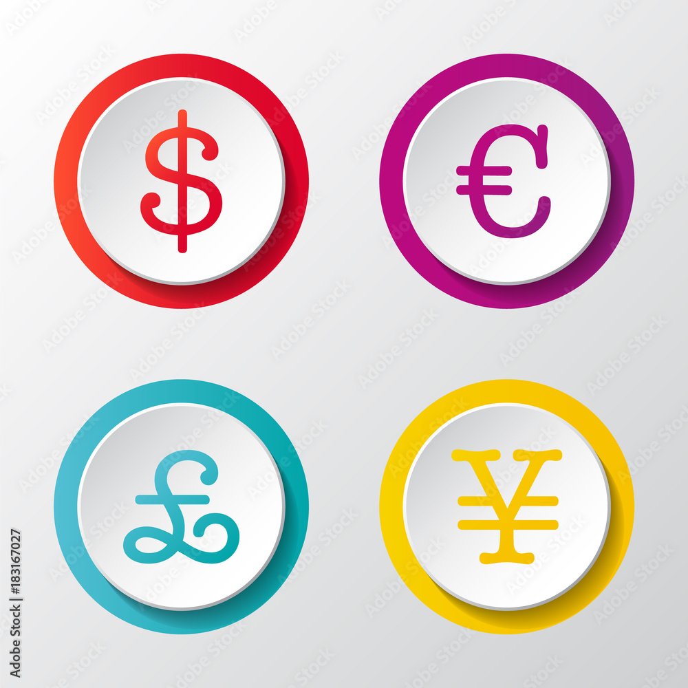 Currency icons - set of 3d button isolated on white background. Vector. Currency icons - set of 3d button isolated on white background. Vector.