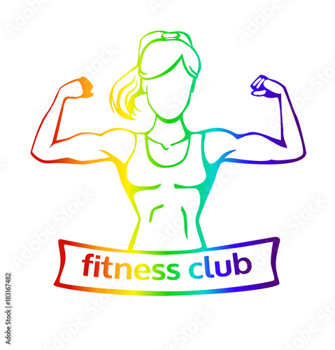 Vector illustration with strong woman doing bicep curl. Fitness club logo template with a place for your name or inscription. Colorful female silhouette isolated on white background.