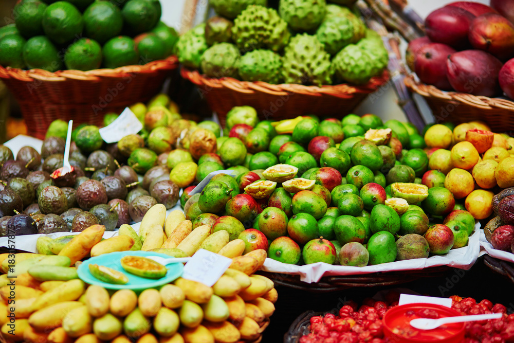 Exotic fruits on farmer market in Funchal, Madeira, Portugal Exotic fruits on farmer market in Funchal, Madeira, Portugal