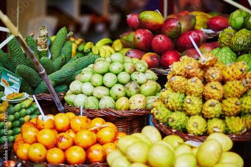 Exotic fruits on farmer market in Funchal  Madeira  Portugal