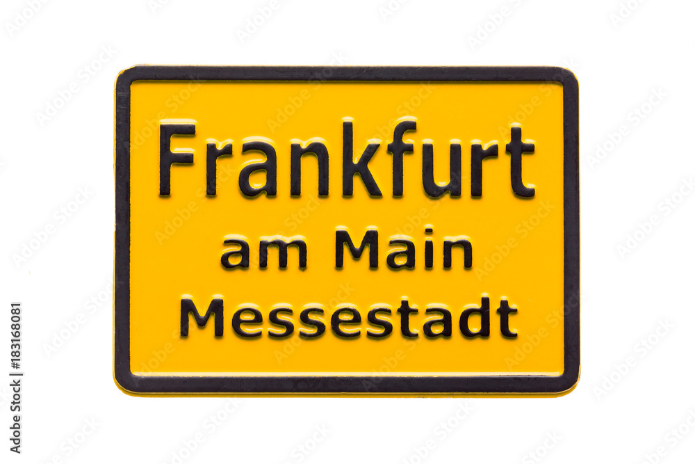 Germany souvenir refrigerator magnet road sign FRANKFURT am Main isolated on white. Refrigerator magnets are popular souvenirs. Convention city Frankfurt am Main.