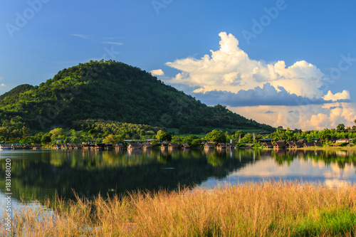 View of lake and mountain in countryside of Thailand.