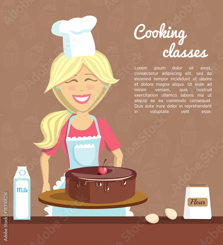 Vector illustration with smiling woman baking chocolate cherry cake on dark background with doodle cupcakes. Poster and card template for culinary classes and cooking school with place for your text