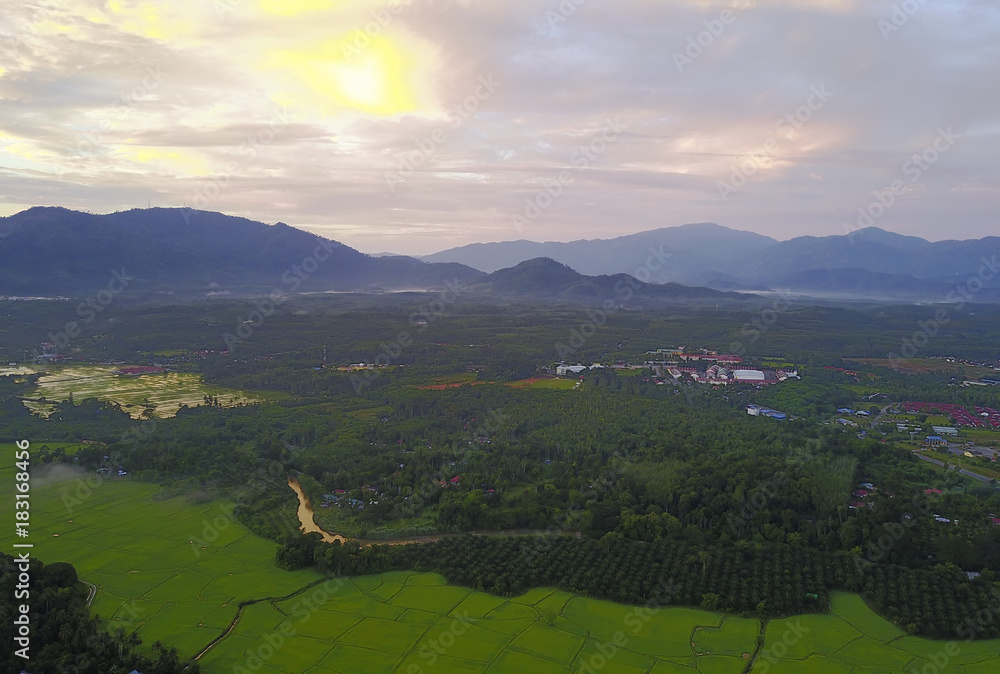 Aerial view of Mount Baling, with padding field view before sunrise.