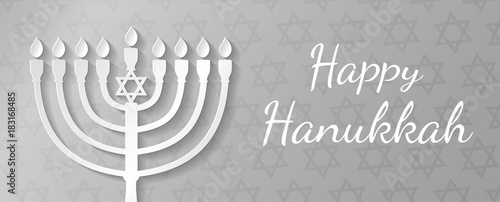 Happy Hanukkah - concept of banner with silver menorah and wishes. Vector.