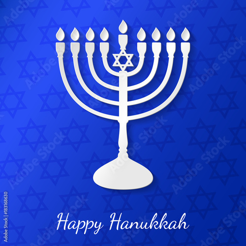 Happy Hanukkah - concept of banner with silver menorah and wishes. Vector.
