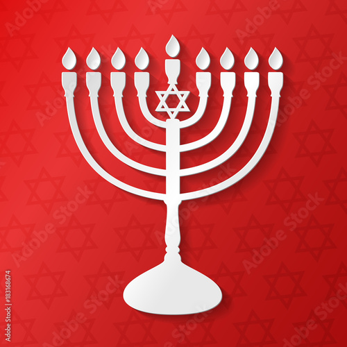Silver menorah - icon on red background. Vector.