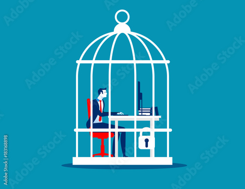Business man working at desk trapped inside birdcage. Concept business vector illustration.