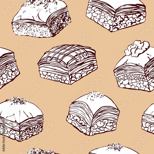 Vector seamless pattern with baklava and ottoman floral ornament. Brown hand drawn traditional middle eastern dessert and sketchy tulips on beige background. Wrapping paper and background design.